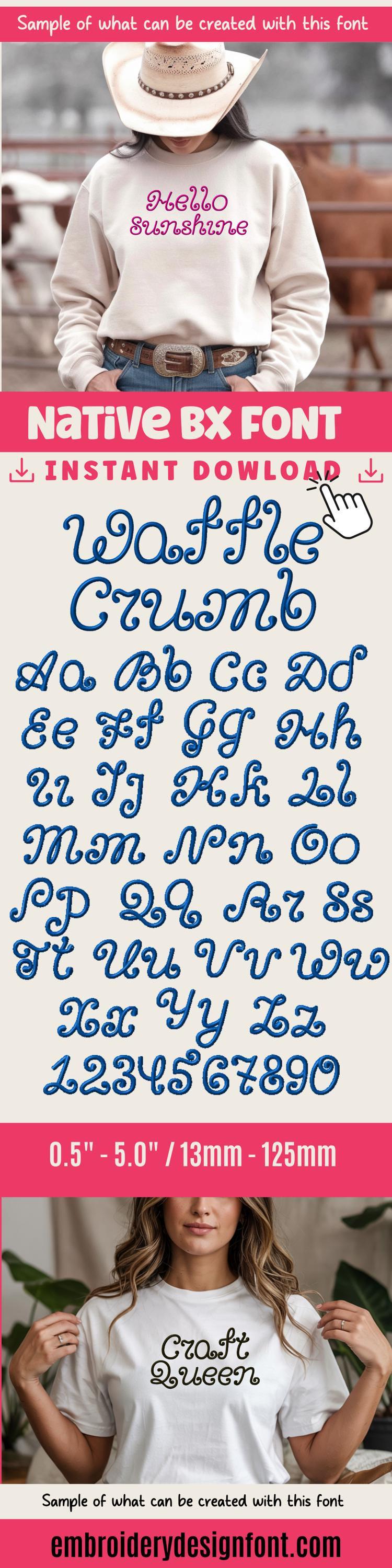 Native BX Embroidery Font, Coastal Hug Scalable 0.5-5.0in Alphabet