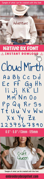 native bx font' Coastal Hug BX Embroidery Font, 13-125mm Scalable.
