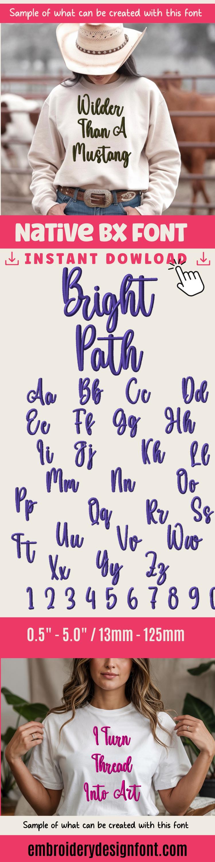BX Embroidery Font', Thick Script Cursive Edit Alphabet, 13–125mm