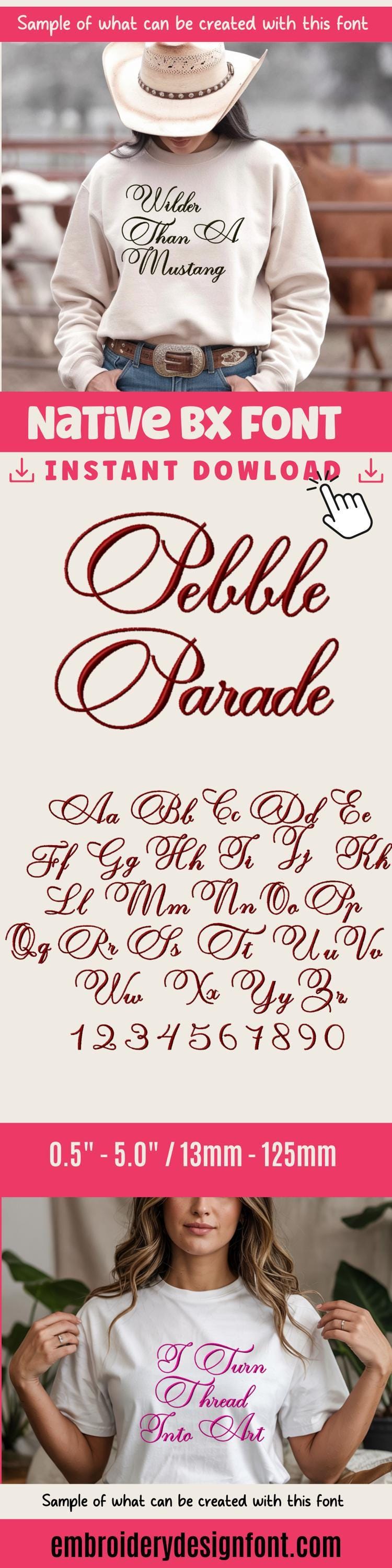 BX Embroidery Font' Thick Script Pebble Parade, 13–125mm, Cursive