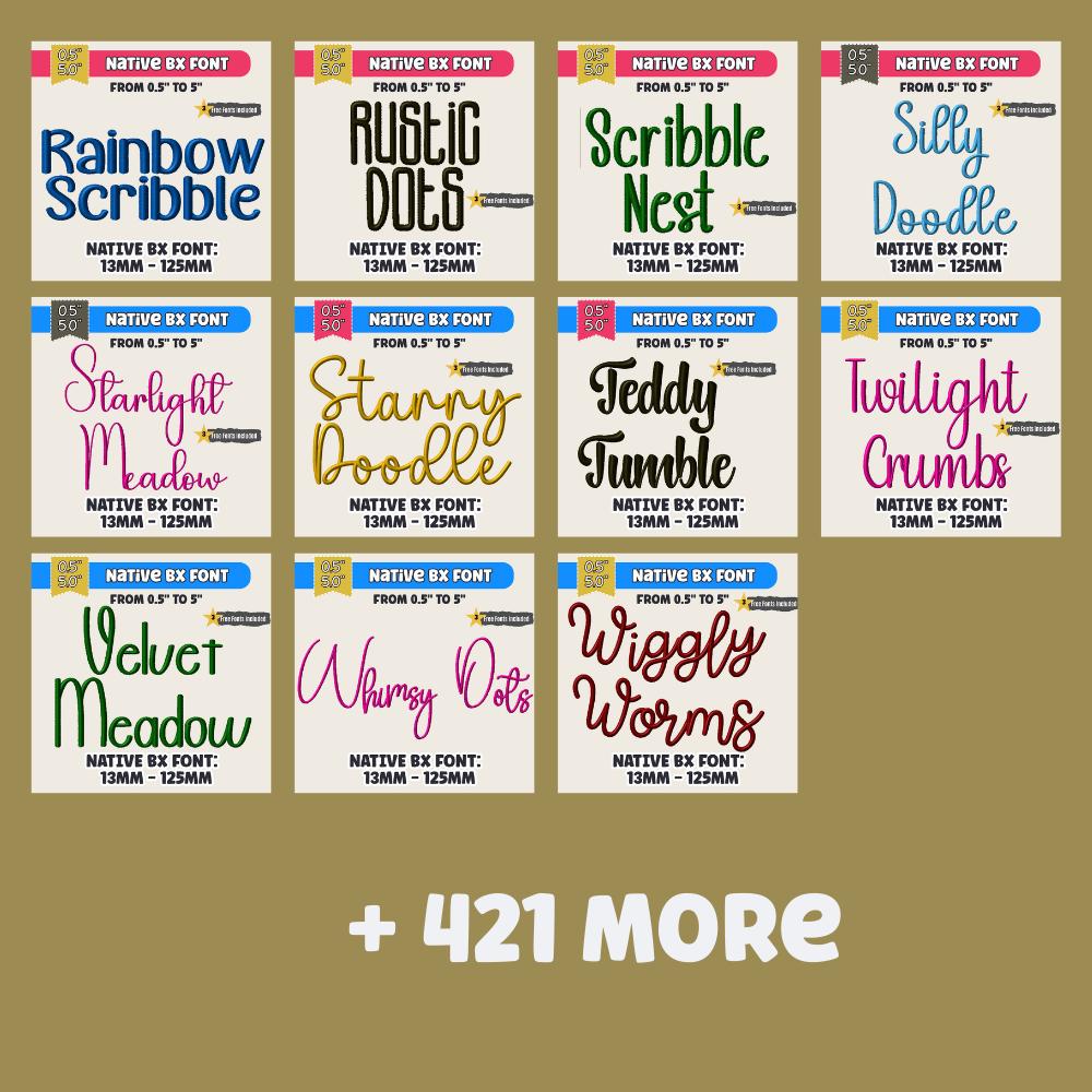 Native BX embroidery fonts', Bundle 522 Fonts, Editable 13mm–125mm