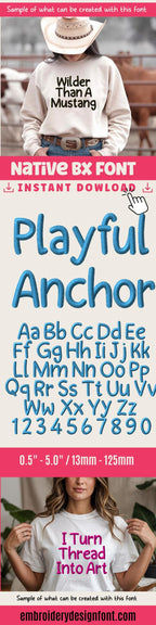Bx Embroidery Font, Coastal Hug Script Alphabet, Native 13–125mm.