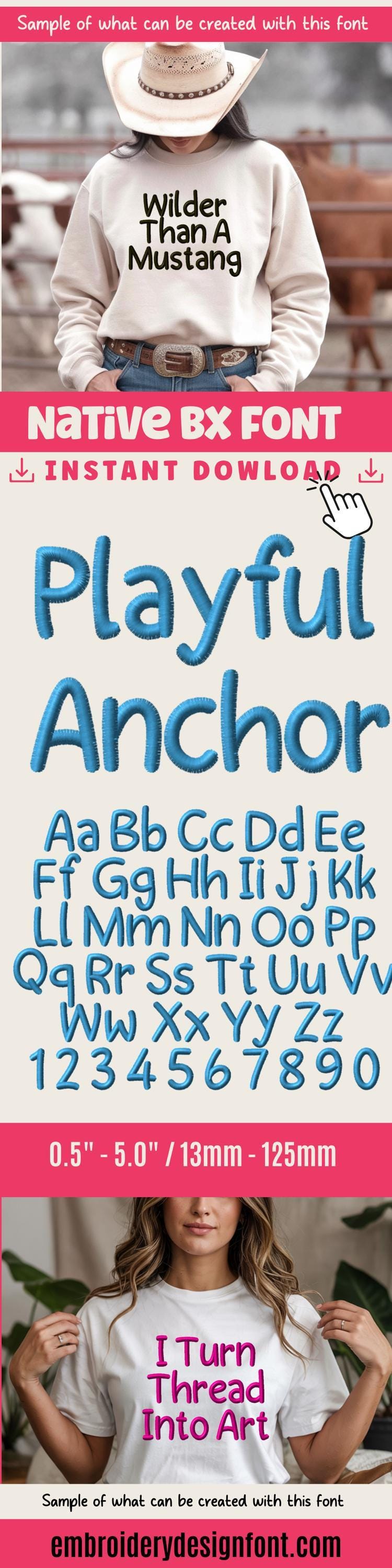 Bx Embroidery Font, Coastal Hug Script Alphabet, Native 13–125mm.
