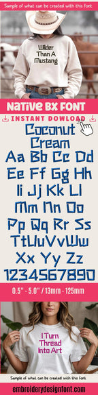 native bx font', Coastal Hug Embroidery BX Font, Resizable 0.5-5in