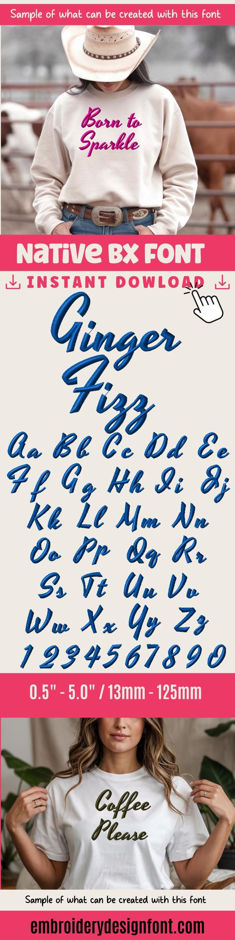 Native BX Embroidery Font' Coastal Hug, 13mm-125mm, Upper & Lower.