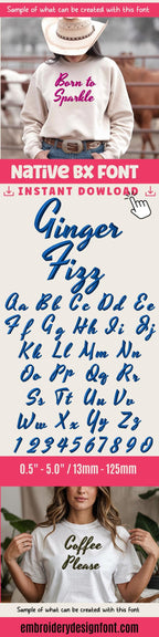 Native BX Embroidery Font' Coastal Hug, 13mm-125mm, Upper & Lower.
