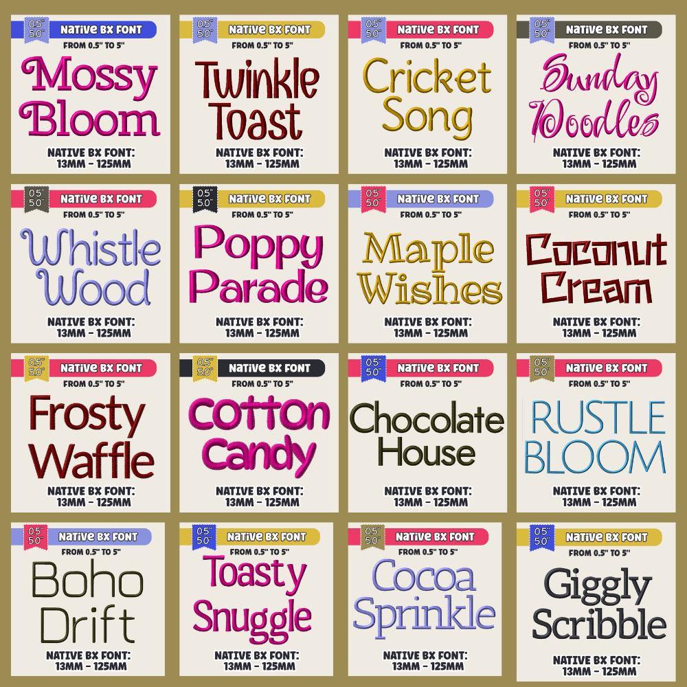 Native BX embroidery fonts', Bundle 522 Fonts, Editable 13mm–125mm
