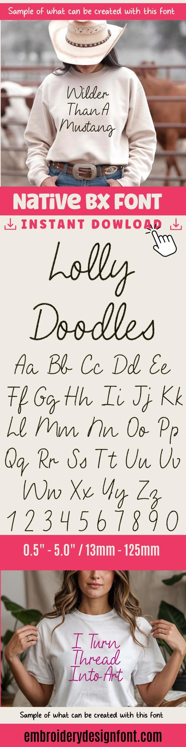 BX Embroidery Font' Skinny Script Lolly Doodles, Alphabet, 125mm.