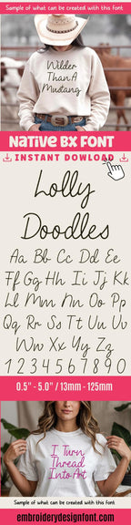 BX Embroidery Font' Skinny Script Lolly Doodles, Alphabet, 125mm.