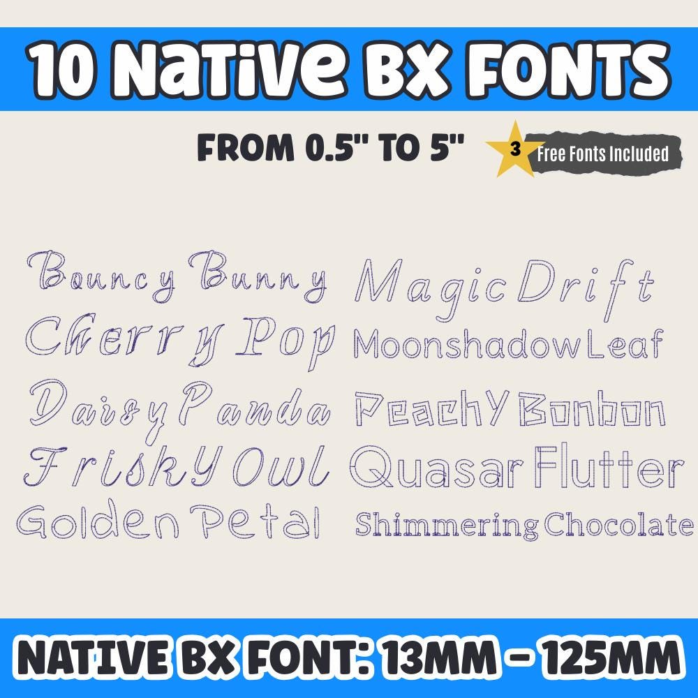 BX Embroidery Font, 10 Font Set Native BX For Embrilliance, 13-125mm