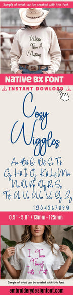 BX Embroidery Font, Skinny Script Cosy Wiggles, 13–125mm PES Caps