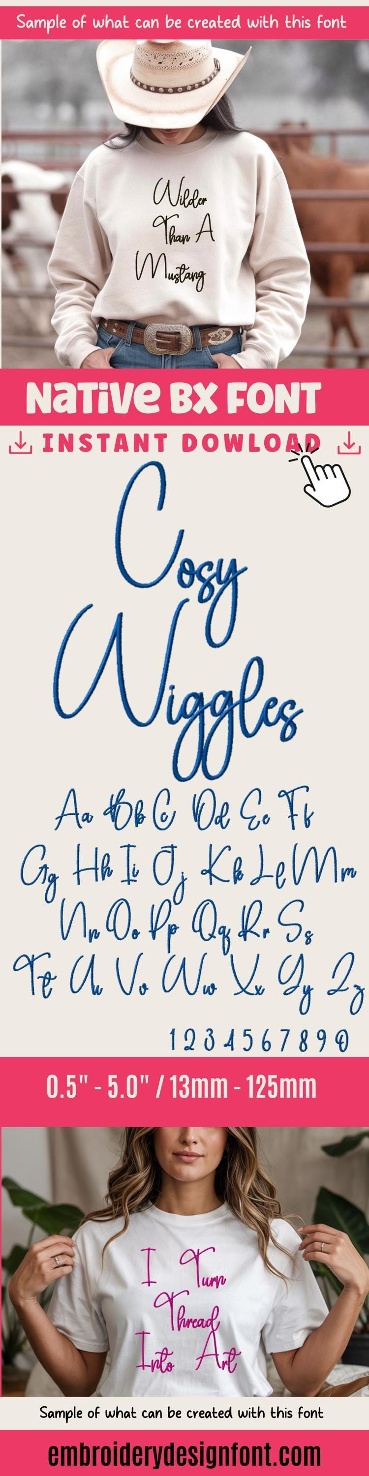 BX Embroidery Font, Skinny Script Cosy Wiggles, 13–125mm PES Caps