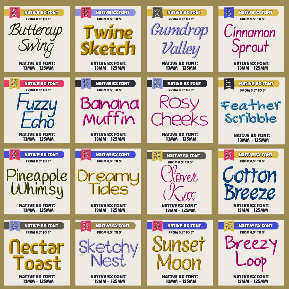 Native BX Font Bundle, 114 BX Embroidery Fonts, 13-125mm Scalable