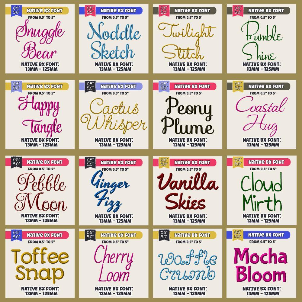 Native BX embroidery fonts', Bundle 522 Fonts, Editable 13mm–125mm