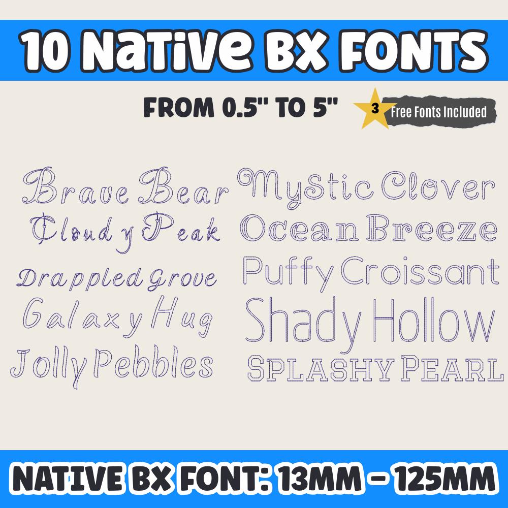 BX Embroidery Font, 10-Font Native BX Set, Embrilliance 13-125mm.