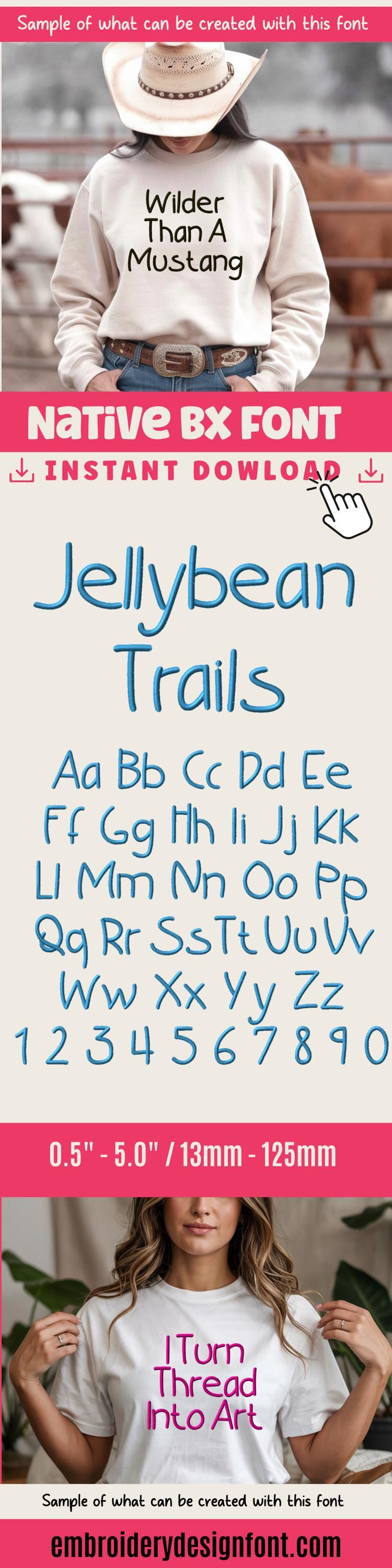 Bx Embroidery Font, Tall Skinny Cursive Monogram, Native 13–125mm