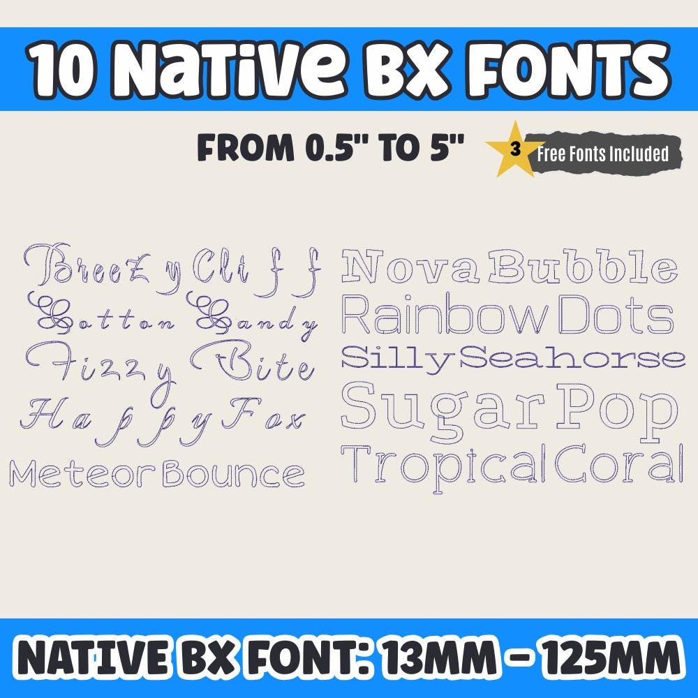BX Embroidery Font, 10 Native BX Embrilliance Set Letters 13–125mm!