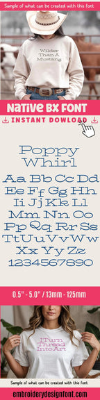 Native BX Embroidery Font, Coastal Hug, 13mm-125mm, Upper/Lower V2