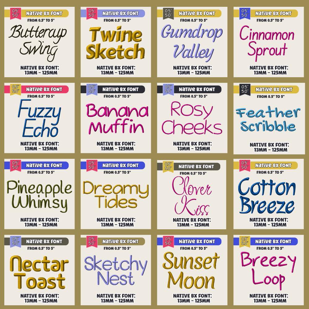 Native BX embroidery fonts', Bundle 522 Fonts, Editable 13mm–125mm