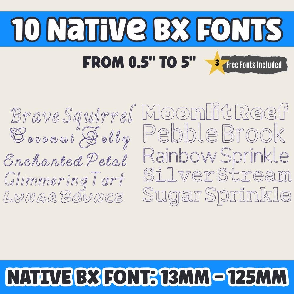 BX Embroidery Font, 10 Native BX Fonts, 13mm-125mm Resizable Upper