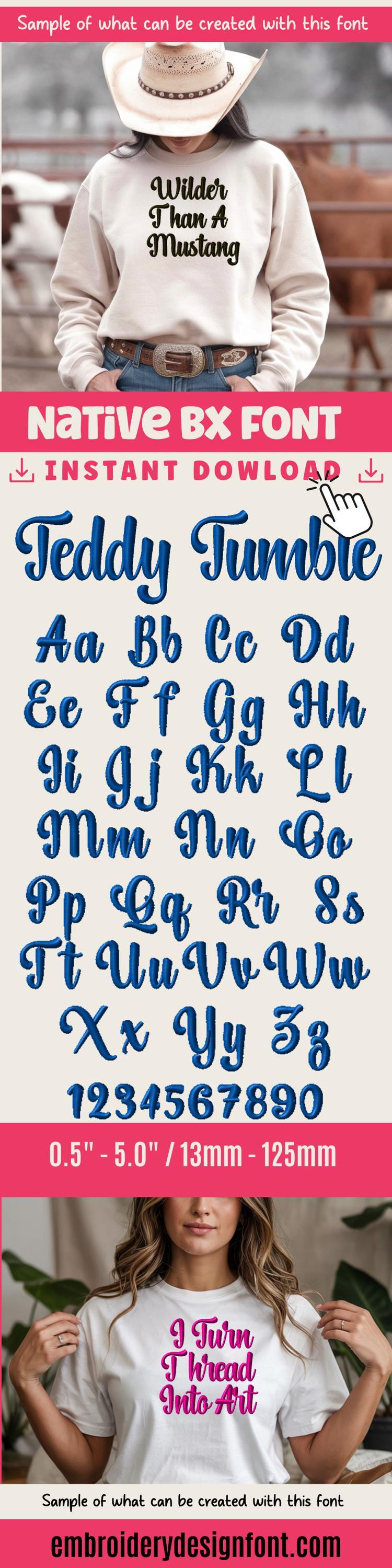 BX Embroidery Font, Teddy Tumble Native BX Embrilliance 13mm-125mm.