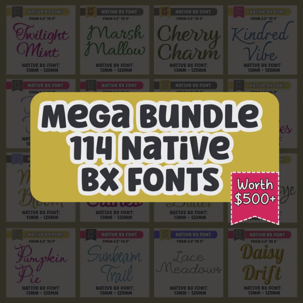 Native BX Font Bundle, 114 BX Embroidery Fonts, 13-125mm Scalable
